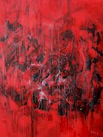 Červenočerná s kresbou,akryl,tuže,plátno,65x75